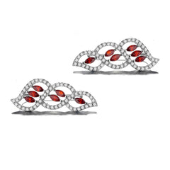 925 Sterling Silver Rhodium Plated Red Garnet Leaf Ear Cuffs with Cubic Zirconia