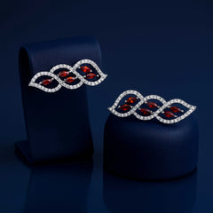 925 Sterling Silver Rhodium Plated Red Garnet Leaf Ear Cuffs with Cubic Zirconia