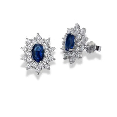 925 Sterling Silver Sapphire Stud Earrings | Rhodium Plated Earrings with Cubic Zirconia Halo