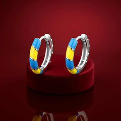 925 Sterling Silver Hoop Earrings | Rhodium Plated with Blue & Yellow Enamel Stripes for Women
