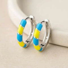 925 Sterling Silver Hoop Earrings | Rhodium Plated with Blue & Yellow Enamel Stripes for Women