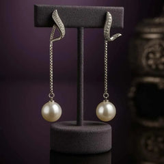 925 Sterling Silver Pearl Drop Earrings | Rhodium Plated with Cubic Zirconia Accents for Women