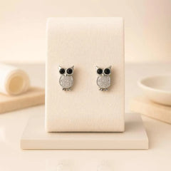 925 Sterling Silver Owl Stud Earrings | Rhodium Plated with Black & White Cubic Zirconia for Women