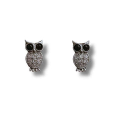 925 Sterling Silver Owl Stud Earrings | Rhodium Plated with Black & White Cubic Zirconia for Women