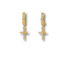 Gold Plated 925 Sterling Silver Cross Hoop Earrings | Rhodium Finish with Cubic Zirconia Dangles