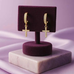 Gold Plated 925 Sterling Silver Cross Hoop Earrings | Rhodium Finish with Cubic Zirconia Dangles