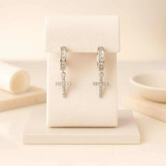 925 Sterling Silver Cross Hoop Earrings | Rhodium Plated Cubic Zirconia Dangle Huggies