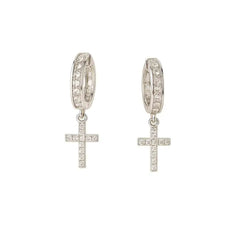 925 Sterling Silver Cross Hoop Earrings | Rhodium Plated Cubic Zirconia Dangle Huggies