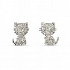 925 Sterling Silver Cat Stud Earrings | Rhodium Plated Kitty Design with Cubic Zirconia