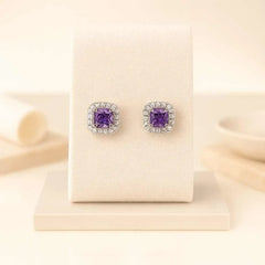 925 Sterling Silver Amethyst Stud Earrings | Rhodium Plated Square Design with Cubic Zirconia Halo