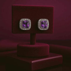 925 Sterling Silver Amethyst Stud Earrings | Rhodium Plated Square Design with Cubic Zirconia Halo