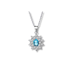 925 Sterling Silver Blue Oval Pendant Necklace | Rhodium Plated with Cubic Zirconia Halo