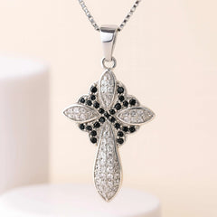925 Sterling Silver Cross Pendant Necklace | Rhodium Plated with Black & White Cubic Zirconia
