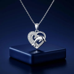 925 Sterling Silver Dolphin Heart Pendant Necklace | Rhodium Plated with Cubic Zirconia