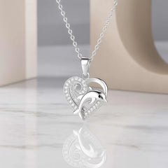 925 Sterling Silver Dolphin Heart Pendant Necklace | Rhodium Plated with Cubic Zirconia