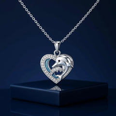925 Sterling Silver Dolphin Heart Necklace | Rhodium Plated with Blue Enamel & Cubic Zirconia