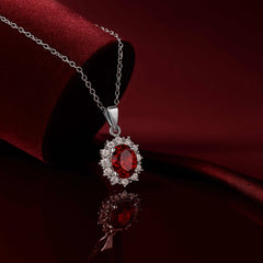 925 Sterling Silver Ruby Red Pendant Necklace | Rhodium Plated with Cubic Zirconia Halo
