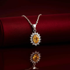 925 Sterling Silver Yellow Citrine Pendant Necklace | Rhodium Plated with Cubic Zirconia Halo