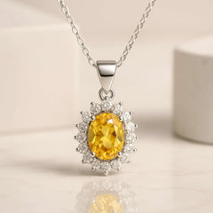 925 Sterling Silver Yellow Citrine Pendant Necklace | Rhodium Plated with Cubic Zirconia Halo