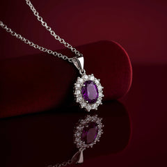 925 Sterling Silver Amethyst Pendant Necklace | Rhodium Plated with Cubic Zirconia Halo – February Birthstone Jewelry