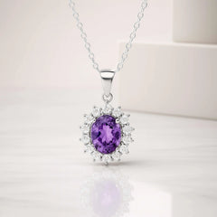 925 Sterling Silver Amethyst Pendant Necklace | Rhodium Plated with Cubic Zirconia Halo – February Birthstone Jewelry