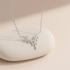 925 Sterling Silver Rhodium Plated CZ Leaf Pendant Necklace