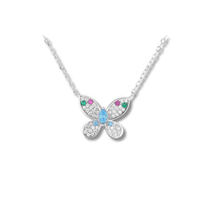 925 Sterling Silver Rhodium Plated CZ Multicolor Butterfly Pendant Necklace
