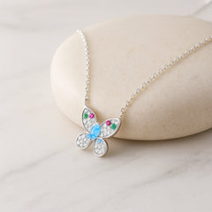 925 Sterling Silver Rhodium Plated CZ Multicolor Butterfly Pendant Necklace