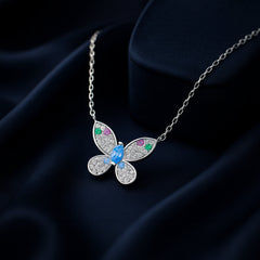 925 Sterling Silver Rhodium Plated CZ Multicolor Butterfly Pendant Necklace