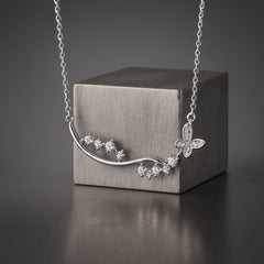 925 Sterling Silver Rhodium Plated CZ Butterfly Floral Pendant Necklace