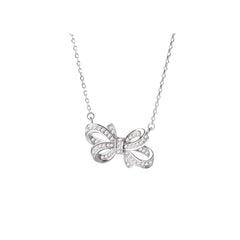 925 Sterling Silver Rhodium Plated CZ Bow Pendant Necklace