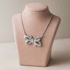 925 Sterling Silver Rhodium Plated CZ Bow Pendant Necklace