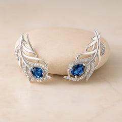 925 Sterling Silver Rhodium Plated CZ Peacock Feather Ear Cuffs